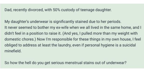 Mumsnet Dad's don't know how to treat period underwear stains