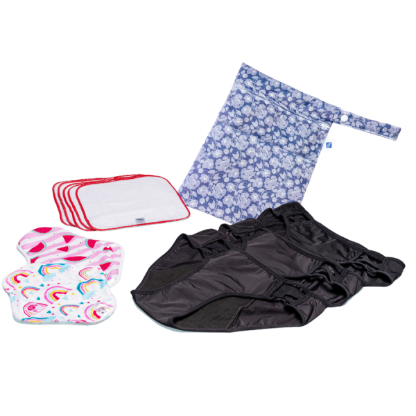 Keep it Simple Starter Kit, includes 3 pairs of our period pants with 4 layers of protection, 2 day pads for extra security on heavier days, 5 intimate wipes and a wet bag to keep discreet whilst out and about