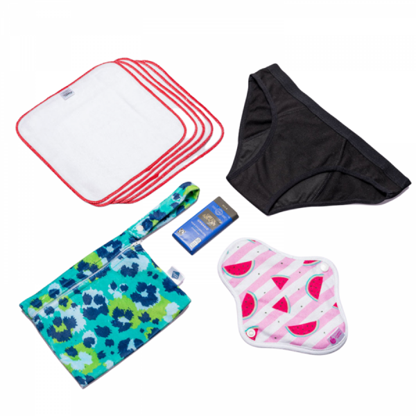 Be prepared to celebrate your first period with our unique kit, containing period pants, cloth liner, wipes, wetbag, cleansing pads, & chocolate!